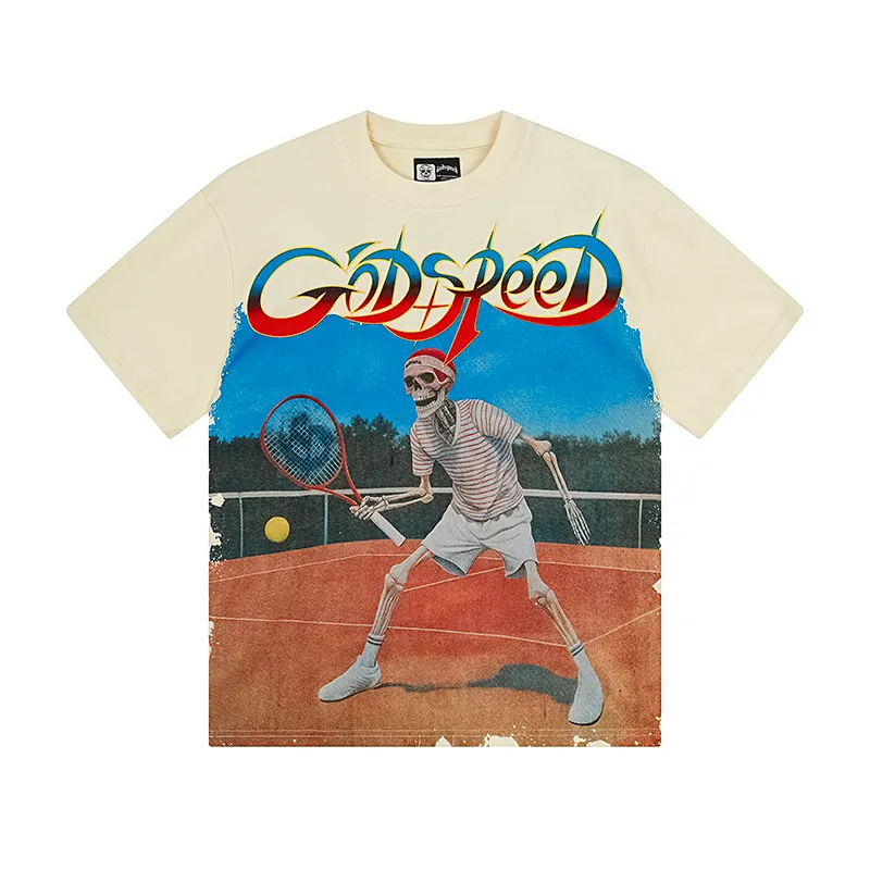 3170# P106 Real shot Godspeed American fashion rock street retro loose printed cotton short sleeves Fabric: 240g 32 count fine cotton double yarn pure cotton Color: apricot Size: S M L XL