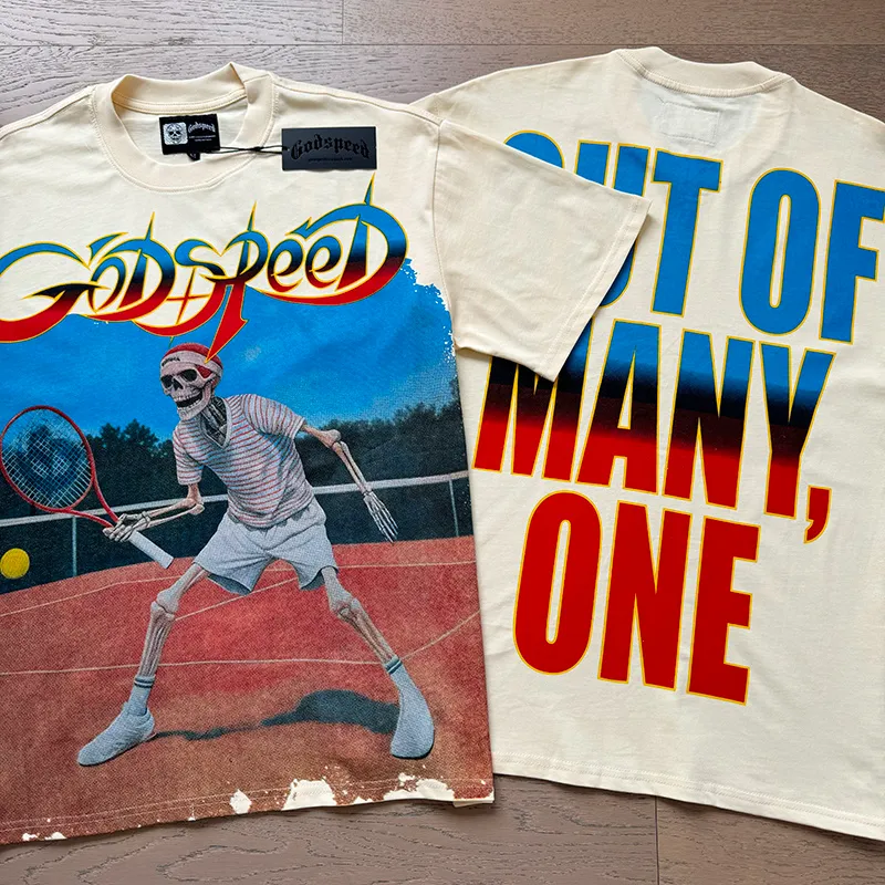 3170# P106 Real shot Godspeed American fashion rock street retro loose printed cotton short sleeves Fabric: 240g 32 count fine cotton double yarn pure cotton Color: apricot Size: S M L XL