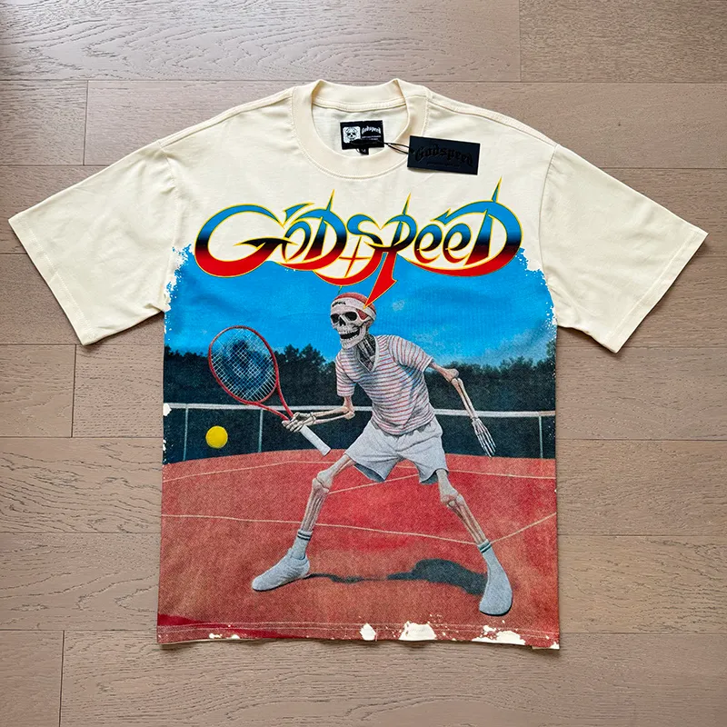 3170# P106 Real shot Godspeed American fashion rock street retro loose printed cotton short sleeves Fabric: 240g 32 count fine cotton double yarn pure cotton Color: apricot Size: S M L XL