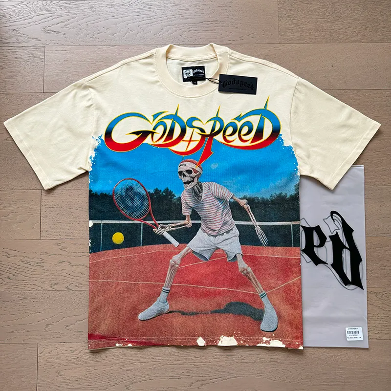 3170# P106 Real shot Godspeed American fashion rock street retro loose printed cotton short sleeves Fabric: 240g 32 count fine cotton double yarn pure cotton Color: apricot Size: S M L XL