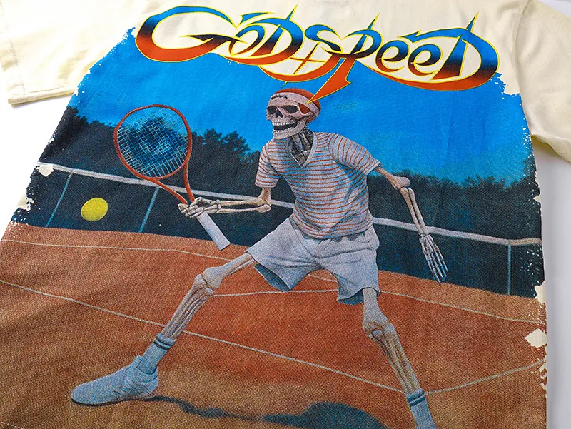 3170# P106 Real shot Godspeed American fashion rock street retro loose printed cotton short sleeves Fabric: 240g 32 count fine cotton double yarn pure cotton Color: apricot Size: S M L XL