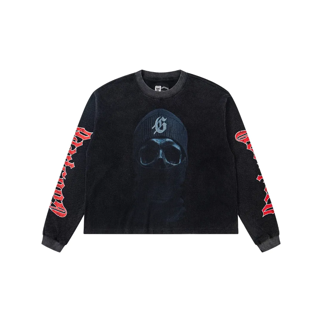 G18# GodSpeed ​​white ink direct spray long-sleeved waffle S-XL washed black P186 apricot P176