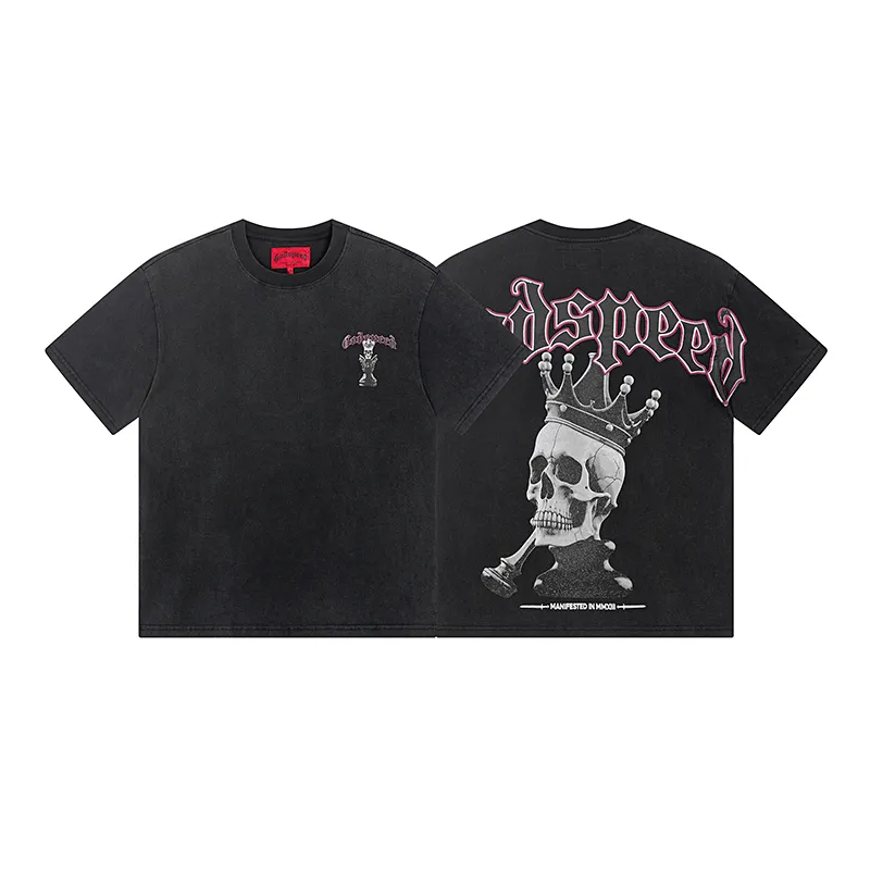 1089# P126 Washed Black Real Shot Godspeed American Fashion Rock Street Retro Washed Distressed Printed Cotton Short Sleeves Fabric: 250g 32 Count Fine Cotton Double Yarn Pure Cotton Color: Washed Black Size: S M L XL