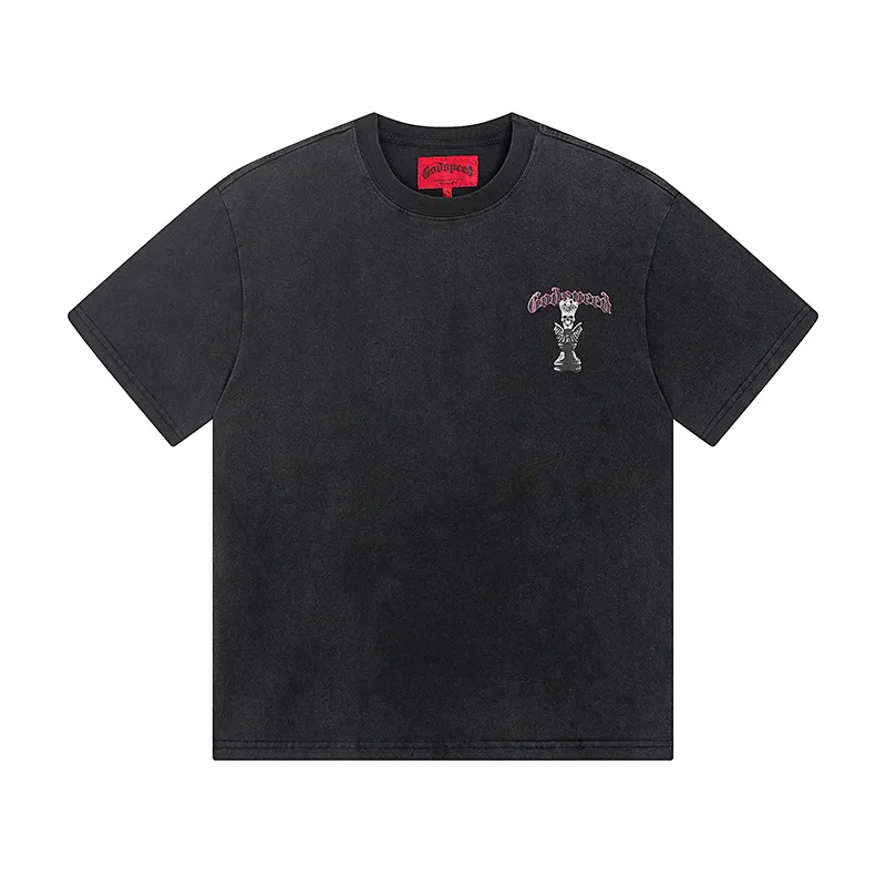 1089# P126 Washed Black Real Shot Godspeed American Fashion Rock Street Retro Washed Distressed Printed Cotton Short Sleeves Fabric: 250g 32 Count Fine Cotton Double Yarn Pure Cotton Color: Washed Black Size: S M L XL