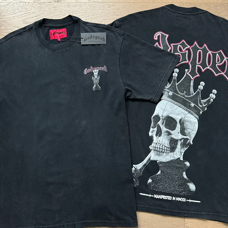 1089# P126 Washed Black Real Shot Godspeed American Fashion Rock Street Retro Washed Distressed Printed Cotton Short Sleeves Fabric: 250g 32 Count Fine Cotton Double Yarn Pure Cotton Color: Washed Black Size: S M L XL