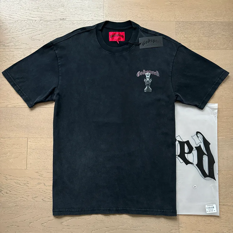 1089# P126 Washed Black Real Shot Godspeed American Fashion Rock Street Retro Washed Distressed Printed Cotton Short Sleeves Fabric: 250g 32 Count Fine Cotton Double Yarn Pure Cotton Color: Washed Black Size: S M L XL
