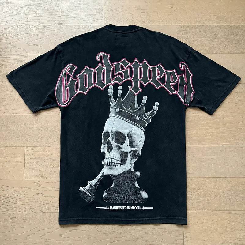 1089# P126 Washed Black Real Shot Godspeed American Fashion Rock Street Retro Washed Distressed Printed Cotton Short Sleeves Fabric: 250g 32 Count Fine Cotton Double Yarn Pure Cotton Color: Washed Black Size: S M L XL