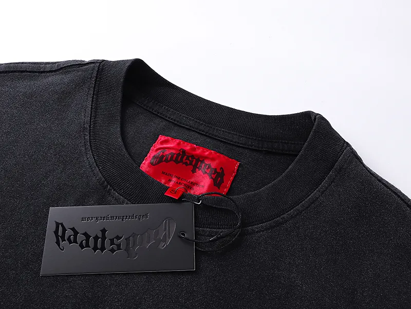 1089# P126 Washed Black Real Shot Godspeed American Fashion Rock Street Retro Washed Distressed Printed Cotton Short Sleeves Fabric: 250g 32 Count Fine Cotton Double Yarn Pure Cotton Color: Washed Black Size: S M L XL