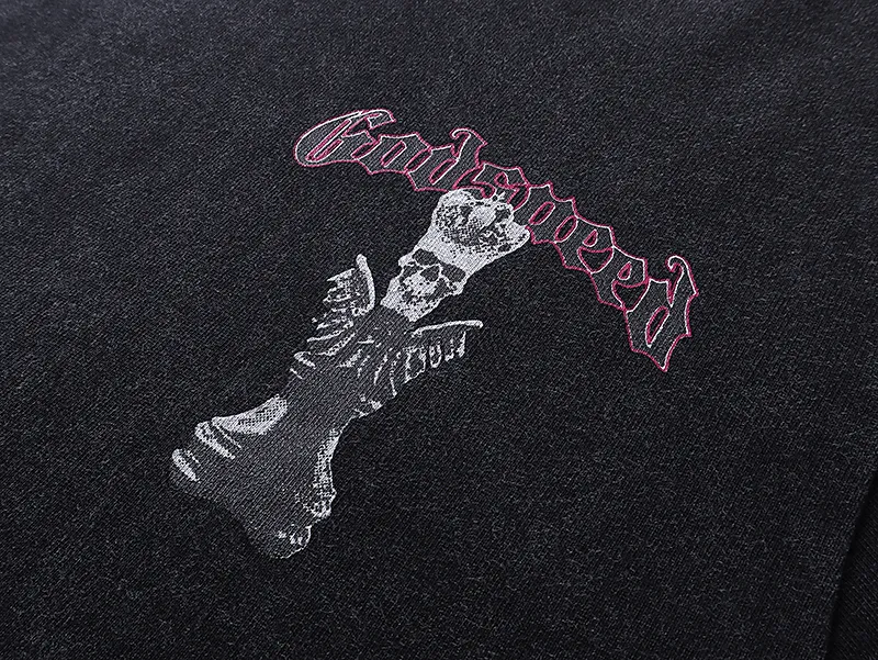 1089# P126 Washed Black Real Shot Godspeed American Fashion Rock Street Retro Washed Distressed Printed Cotton Short Sleeves Fabric: 250g 32 Count Fine Cotton Double Yarn Pure Cotton Color: Washed Black Size: S M L XL