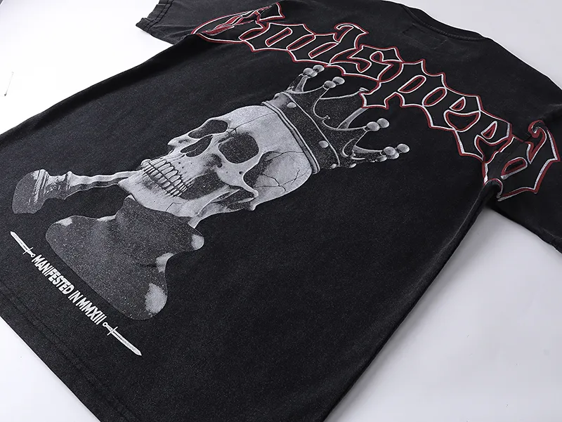 1089# P126 Washed Black Real Shot Godspeed American Fashion Rock Street Retro Washed Distressed Printed Cotton Short Sleeves Fabric: 250g 32 Count Fine Cotton Double Yarn Pure Cotton Color: Washed Black Size: S M L XL