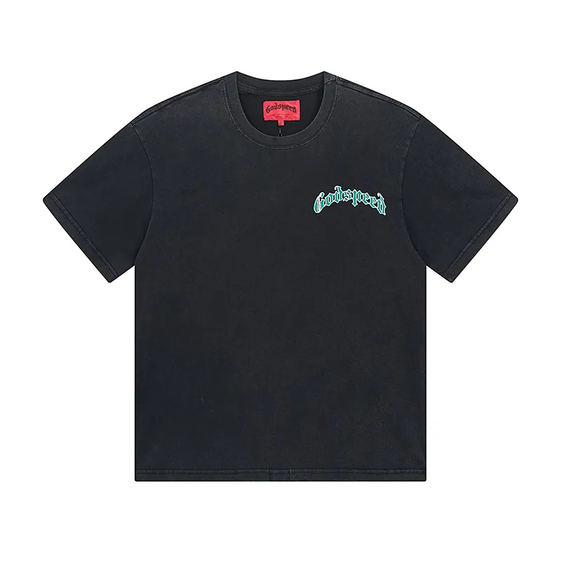 1020# P126 Washed Black Real Shot Godspeed American Fashion Rock Street Retro Washed Distressed Printed Pure Cotton Short Sleeves Fabric: 250g 32 Count Fine Cotton Double Yarn Pure Cotton Color: Washed Black Size: S M L XL