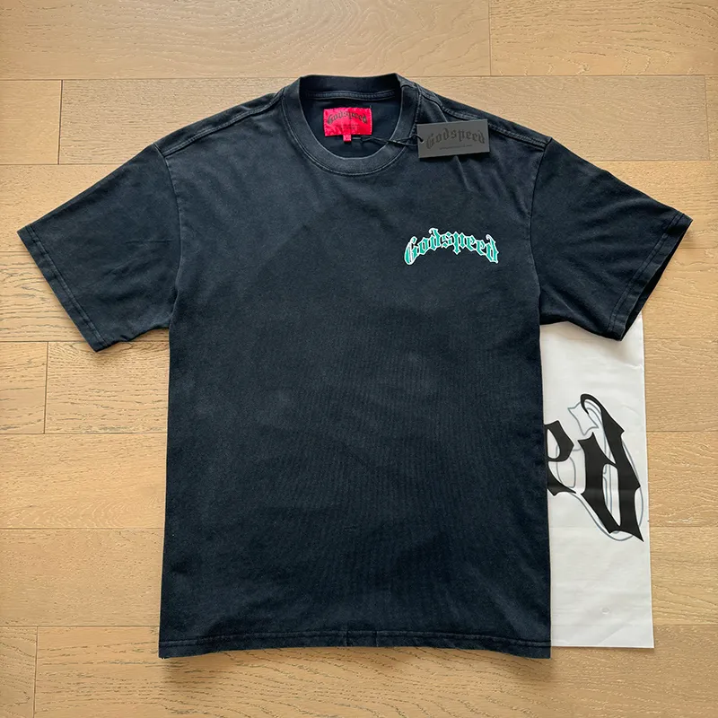 1020# P126 Washed Black Real Shot Godspeed American Fashion Rock Street Retro Washed Distressed Printed Pure Cotton Short Sleeves Fabric: 250g 32 Count Fine Cotton Double Yarn Pure Cotton Color: Washed Black Size: S M L XL