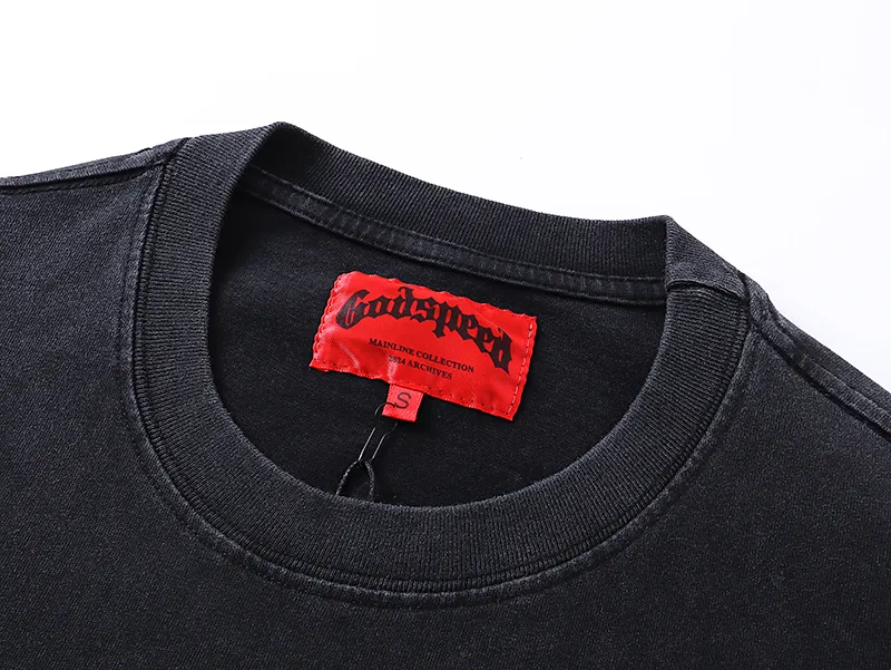 1020# P126 Washed Black Real Shot Godspeed American Fashion Rock Street Retro Washed Distressed Printed Pure Cotton Short Sleeves Fabric: 250g 32 Count Fine Cotton Double Yarn Pure Cotton Color: Washed Black Size: S M L XL