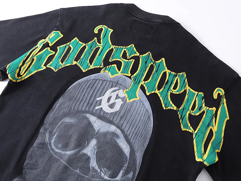 1020# P126 Washed Black Real Shot Godspeed American Fashion Rock Street Retro Washed Distressed Printed Pure Cotton Short Sleeves Fabric: 250g 32 Count Fine Cotton Double Yarn Pure Cotton Color: Washed Black Size: S M L XL