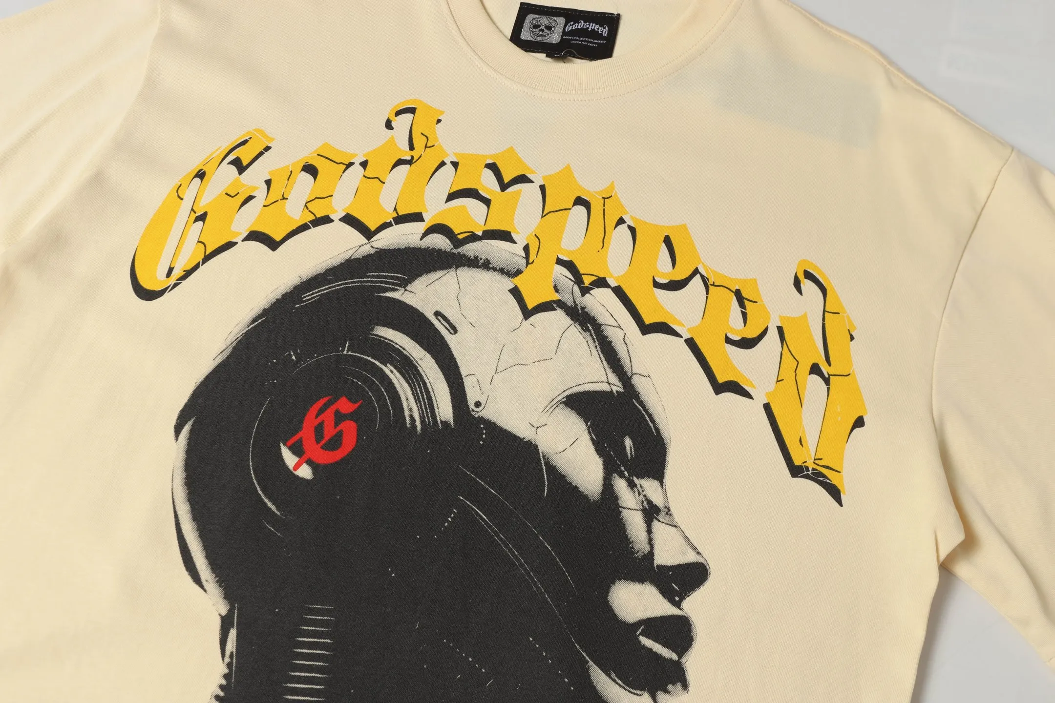 5007#White/Apricot｜P104 Godspeed cross-border American rock and roll street washed retro style short-sleeved T (craft printing) fabric (fabric): 32-count combed double yarn 240 grams weight code number (size): S-M-L-XL color (colour): white, apricot,