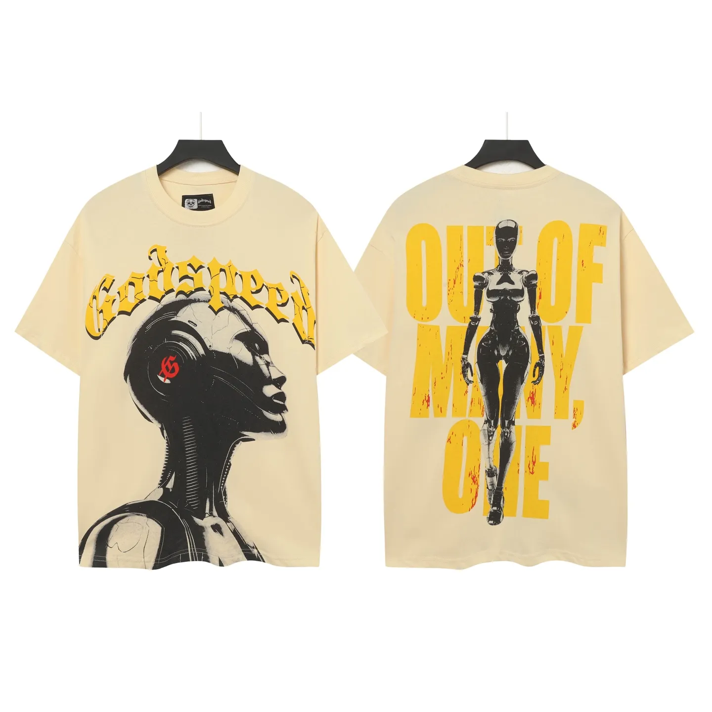 5007#White/Apricot｜P104 Godspeed cross-border American rock and roll street washed retro style short-sleeved T (craft printing) fabric (fabric): 32-count combed double yarn 240 grams weight code number (size): S-M-L-XL color (colour): white, apricot,