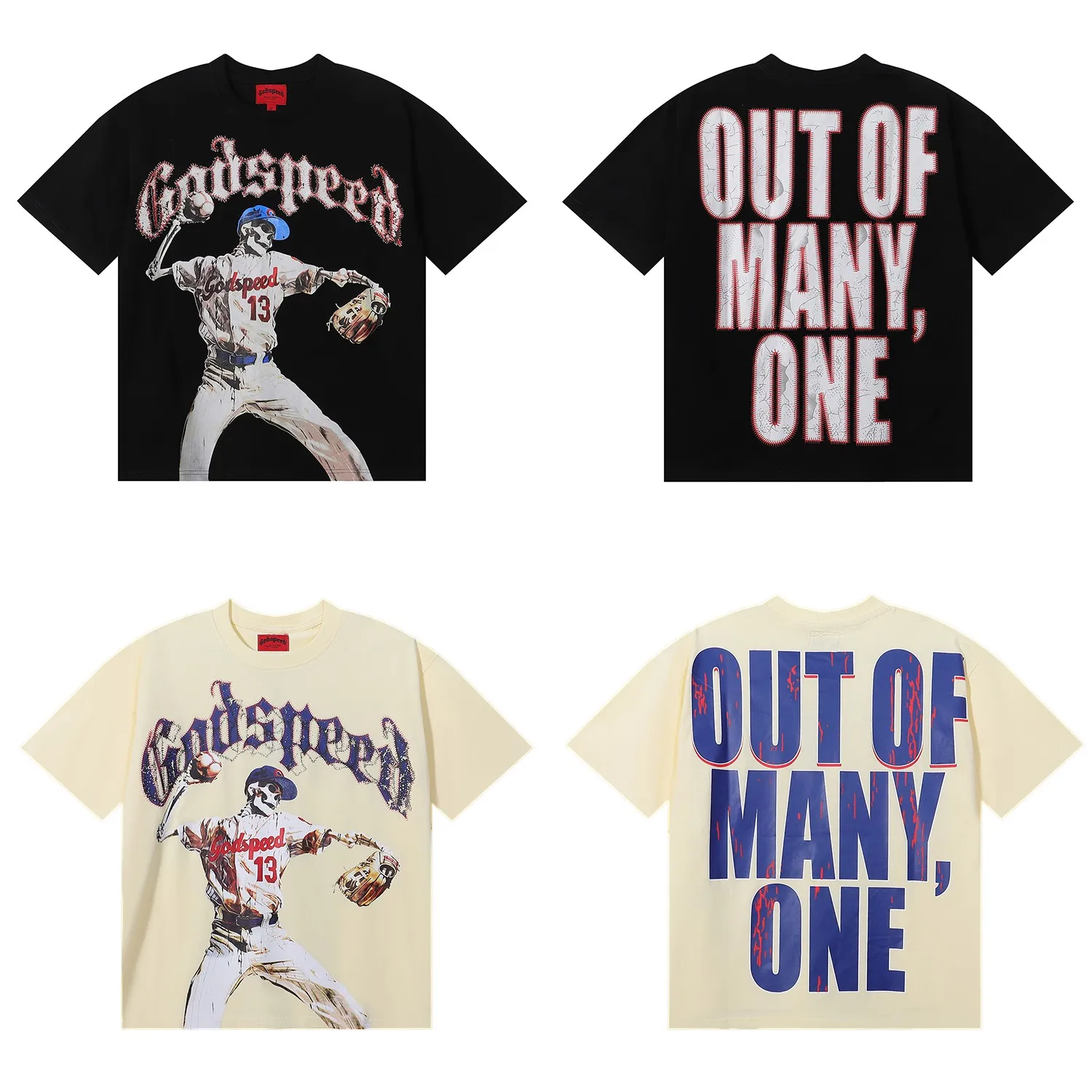 No. 7017, American fashion Godspeed skull baseball player No. 13 high weight double yarn pure cotton round neck short-sleeved T-shirt Color: black, apricot; Size: S M L XL
