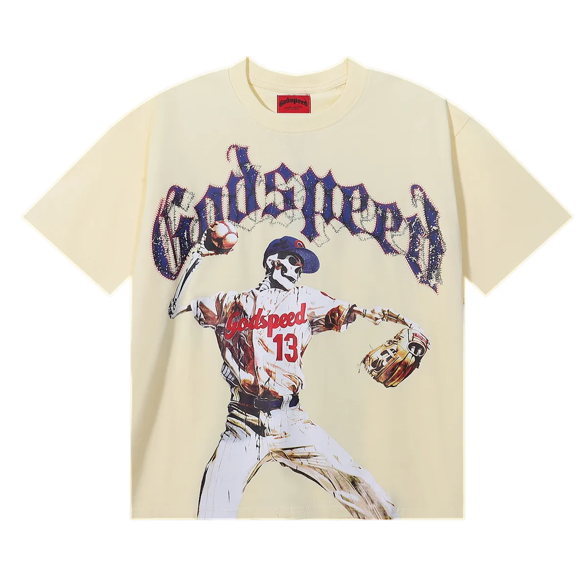 No. 7017, American fashion Godspeed skull baseball player No. 13 high weight double yarn pure cotton round neck short-sleeved T-shirt Color: black, apricot; Size: S M L XL