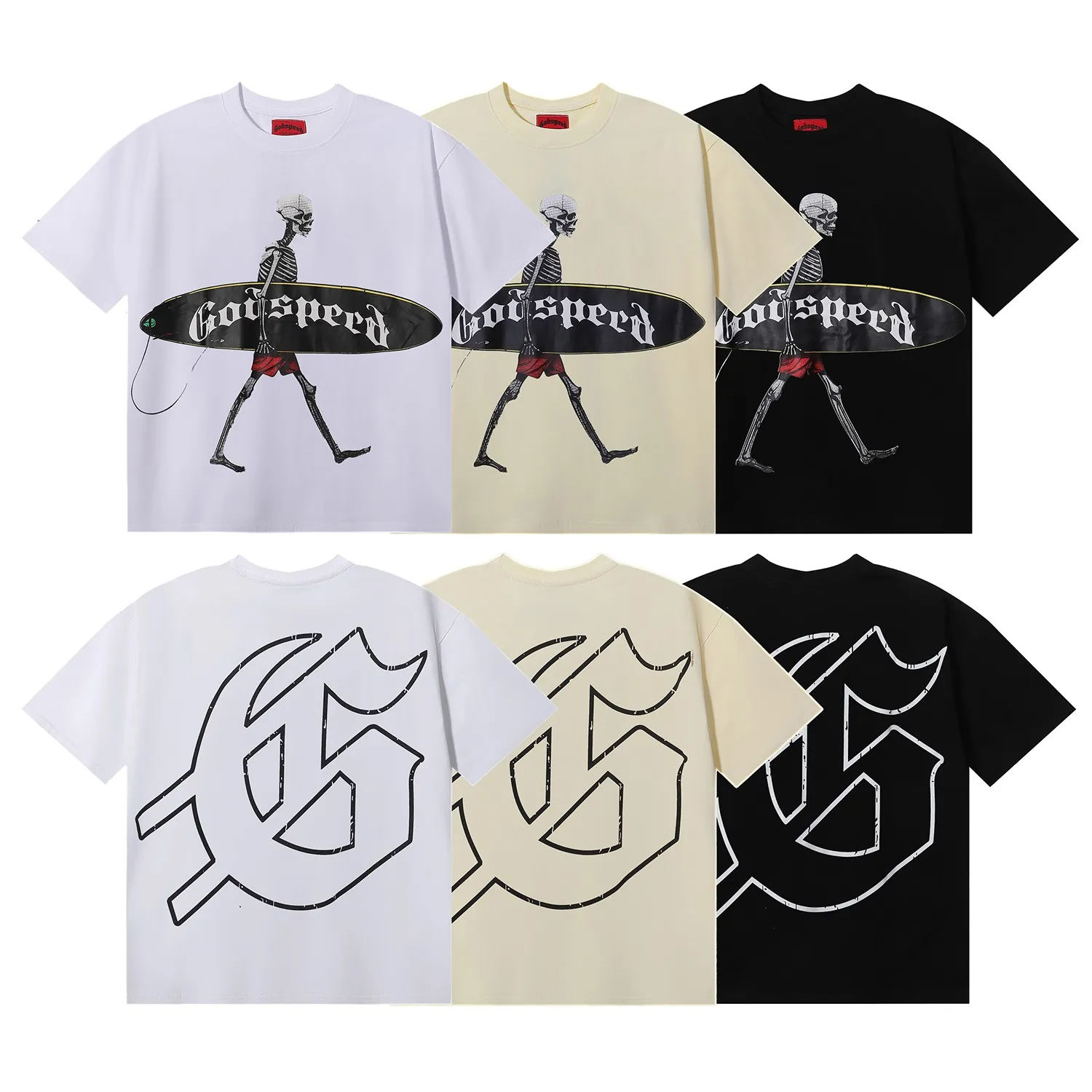 No. 7018, American street Godspeed skateboard skull boy print high quality double yarn pure cotton casual short-sleeved T-shirt batch 110 Color: black, white, apricot; Size: S M L XL