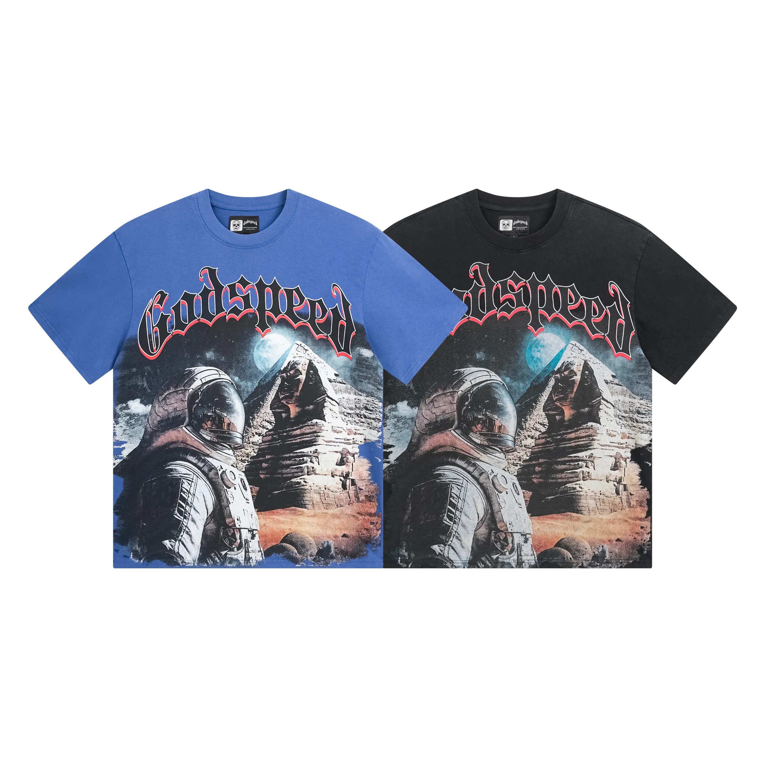 1050# P126 Washed Style Real Shot Godspeed American Fashion Rock Street Retro Washed Distressed Printed Pure Cotton Short Sleeves Fabric: 250g 32 Count Fine Cotton Double Yarn Pure Cotton Color: Washed Black Washed Blue Code Number: S M L XL