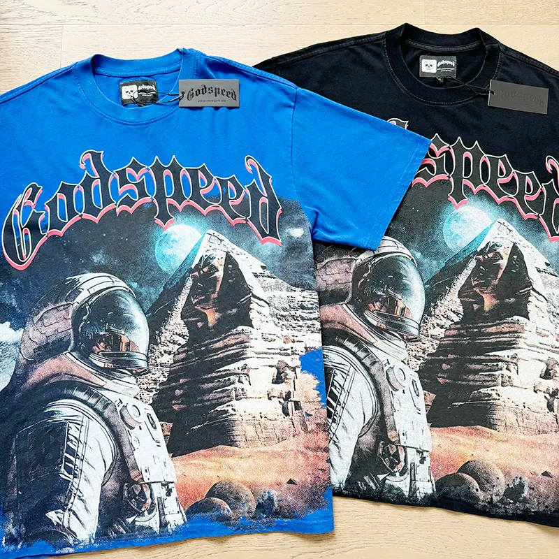 1050# P126 Washed Style Real Shot Godspeed American Fashion Rock Street Retro Washed Distressed Printed Pure Cotton Short Sleeves Fabric: 250g 32 Count Fine Cotton Double Yarn Pure Cotton Color: Washed Black Washed Blue Code Number: S M L XL