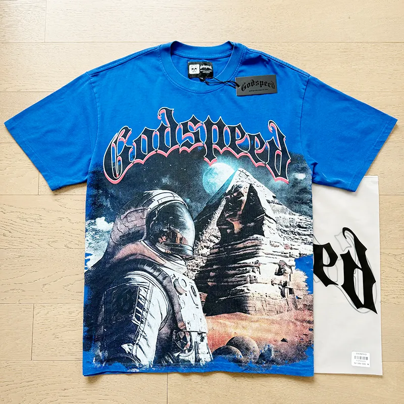 1050# P126 Washed Style Real Shot Godspeed American Fashion Rock Street Retro Washed Distressed Printed Pure Cotton Short Sleeves Fabric: 250g 32 Count Fine Cotton Double Yarn Pure Cotton Color: Washed Black Washed Blue Code Number: S M L XL