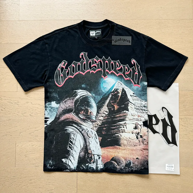 1050# P126 Washed Style Real Shot Godspeed American Fashion Rock Street Retro Washed Distressed Printed Pure Cotton Short Sleeves Fabric: 250g 32 Count Fine Cotton Double Yarn Pure Cotton Color: Washed Black Washed Blue Code Number: S M L XL