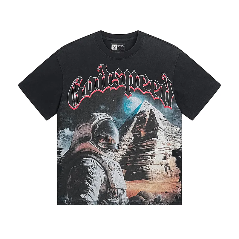 1050# P126 Washed Style Real Shot Godspeed American Fashion Rock Street Retro Washed Distressed Printed Pure Cotton Short Sleeves Fabric: 250g 32 Count Fine Cotton Double Yarn Pure Cotton Color: Washed Black Washed Blue Code Number: S M L XL
