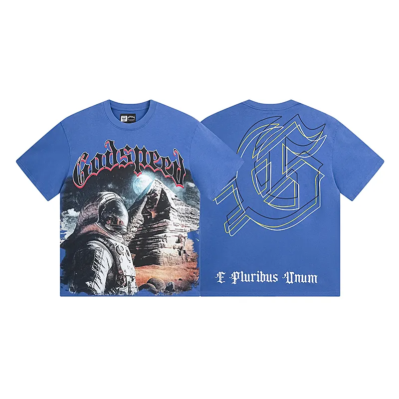 1050# P126 Washed Style Real Shot Godspeed American Fashion Rock Street Retro Washed Distressed Printed Pure Cotton Short Sleeves Fabric: 250g 32 Count Fine Cotton Double Yarn Pure Cotton Color: Washed Black Washed Blue Code Number: S M L XL
