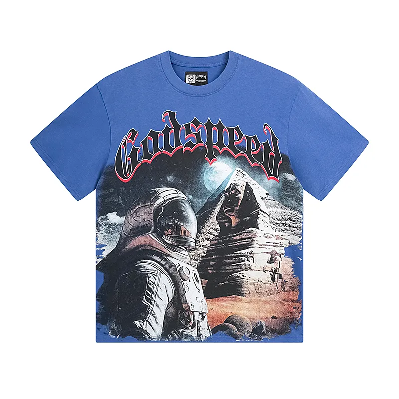1050# P126 Washed Style Real Shot Godspeed American Fashion Rock Street Retro Washed Distressed Printed Pure Cotton Short Sleeves Fabric: 250g 32 Count Fine Cotton Double Yarn Pure Cotton Color: Washed Black Washed Blue Code Number: S M L XL