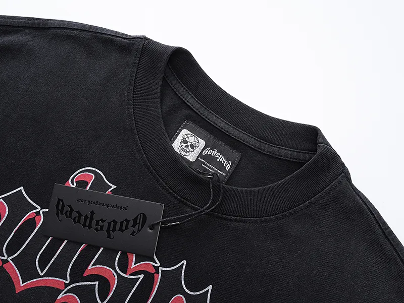 1050# P126 Washed Style Real Shot Godspeed American Fashion Rock Street Retro Washed Distressed Printed Pure Cotton Short Sleeves Fabric: 250g 32 Count Fine Cotton Double Yarn Pure Cotton Color: Washed Black Washed Blue Code Number: S M L XL