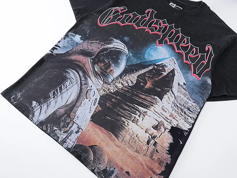 1050# P126 Washed Style Real Shot Godspeed American Fashion Rock Street Retro Washed Distressed Printed Pure Cotton Short Sleeves Fabric: 250g 32 Count Fine Cotton Double Yarn Pure Cotton Color: Washed Black Washed Blue Code Number: S M L XL