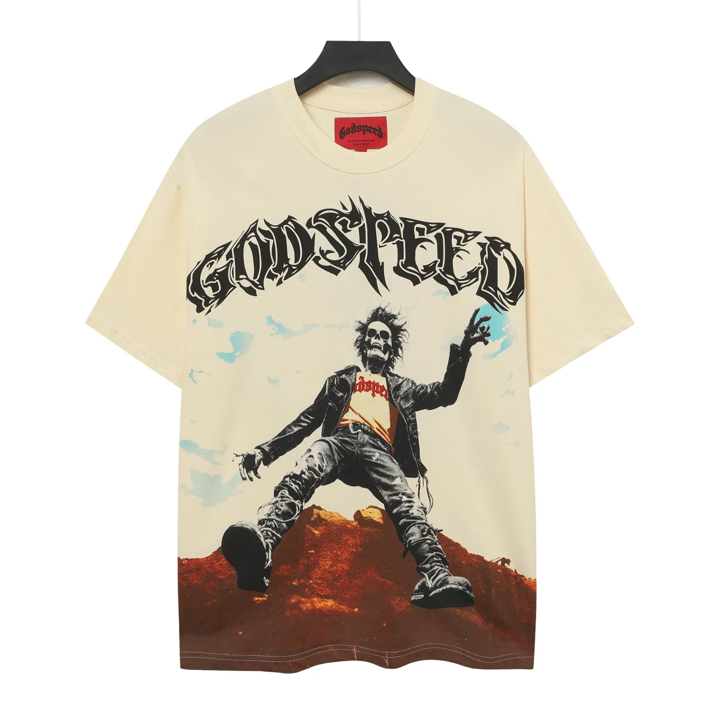 5059#Apricot｜P104 Godspeed cross-border American rock and roll street washed retro style short-sleeved T (craft printing) fabric (fabric) 32 count combed double yarn 240 grams weight code number (size): S-M-L-XL color (colour): apricot