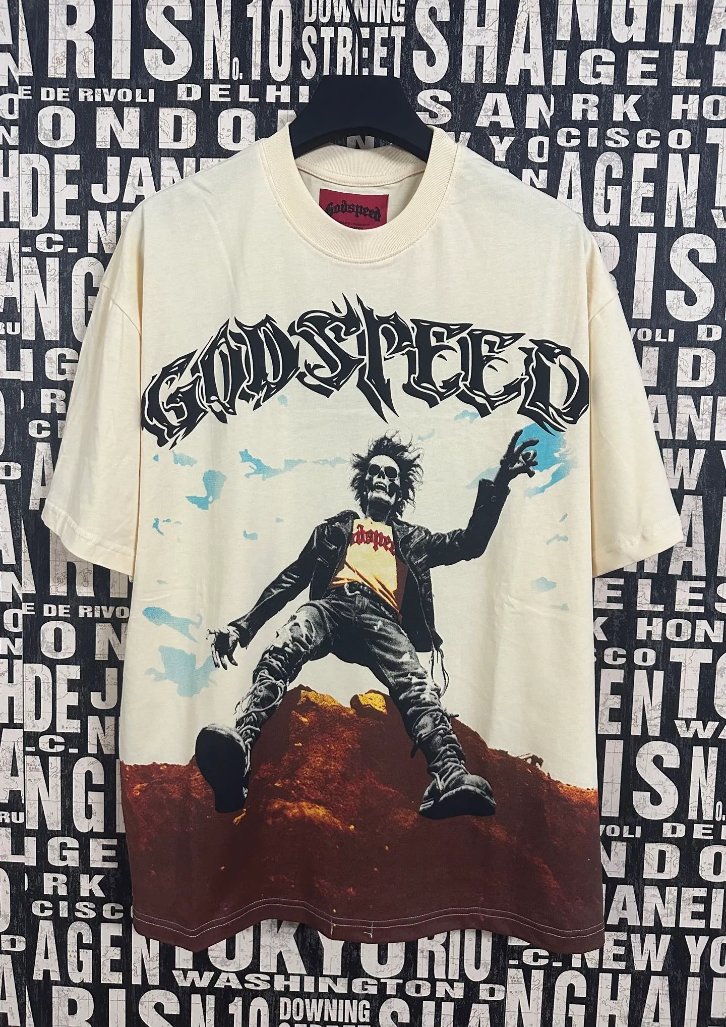 5059#Apricot｜P104 Godspeed cross-border American rock and roll street washed retro style short-sleeved T (craft printing) fabric (fabric) 32 count combed double yarn 240 grams weight code number (size): S-M-L-XL color (colour): apricot