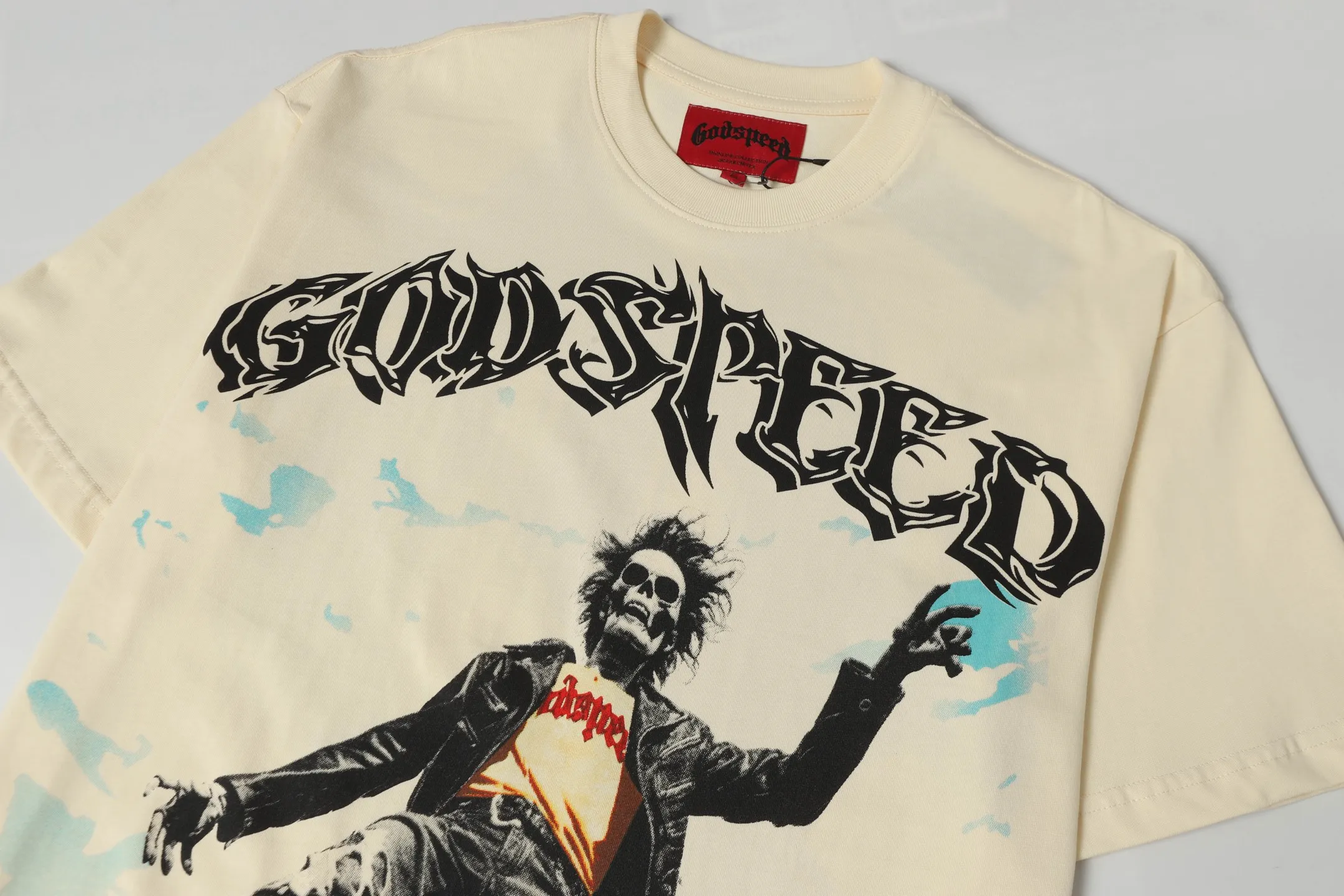 5059#Apricot｜P104 Godspeed cross-border American rock and roll street washed retro style short-sleeved T (craft printing) fabric (fabric) 32 count combed double yarn 240 grams weight code number (size): S-M-L-XL color (colour): apricot