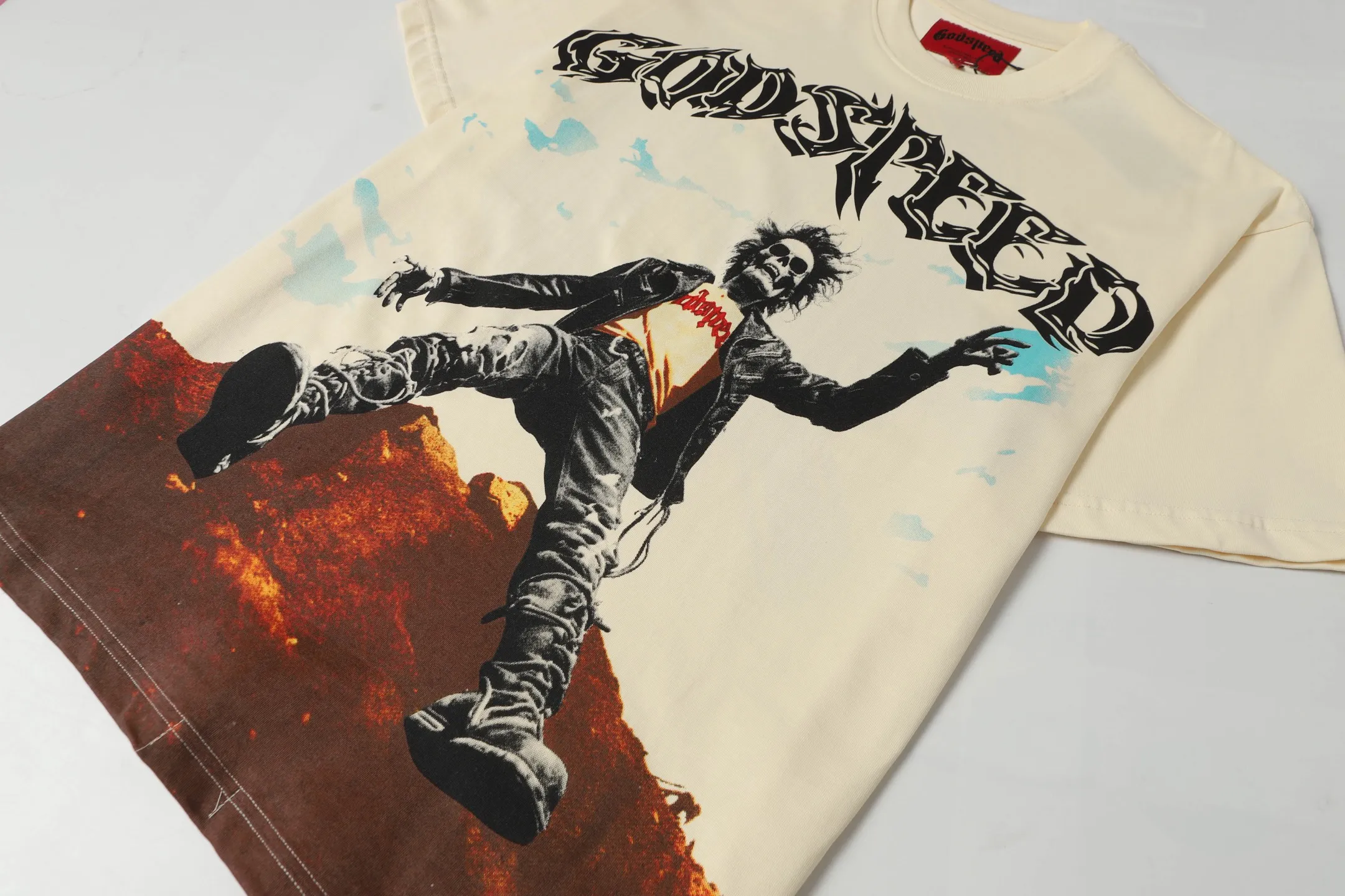 5059#Apricot｜P104 Godspeed cross-border American rock and roll street washed retro style short-sleeved T (craft printing) fabric (fabric) 32 count combed double yarn 240 grams weight code number (size): S-M-L-XL color (colour): apricot