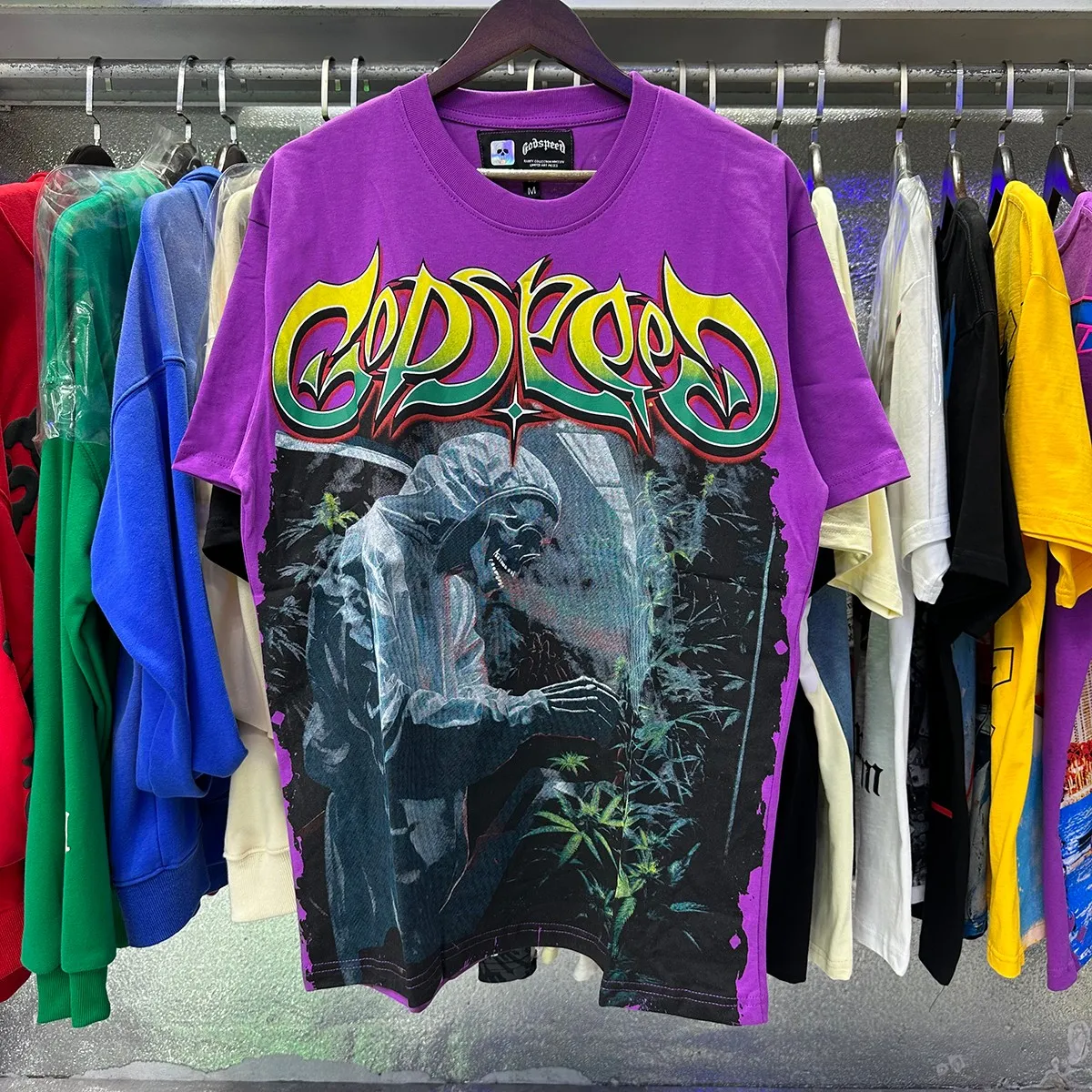 Actual photo, No. 7080, Mechao Godspeed biochemical skull poppy print high quality double yarn pure cotton casual short-sleeved T-shirt batch 106 Color: black, yellow, purple; Size: S M L XL