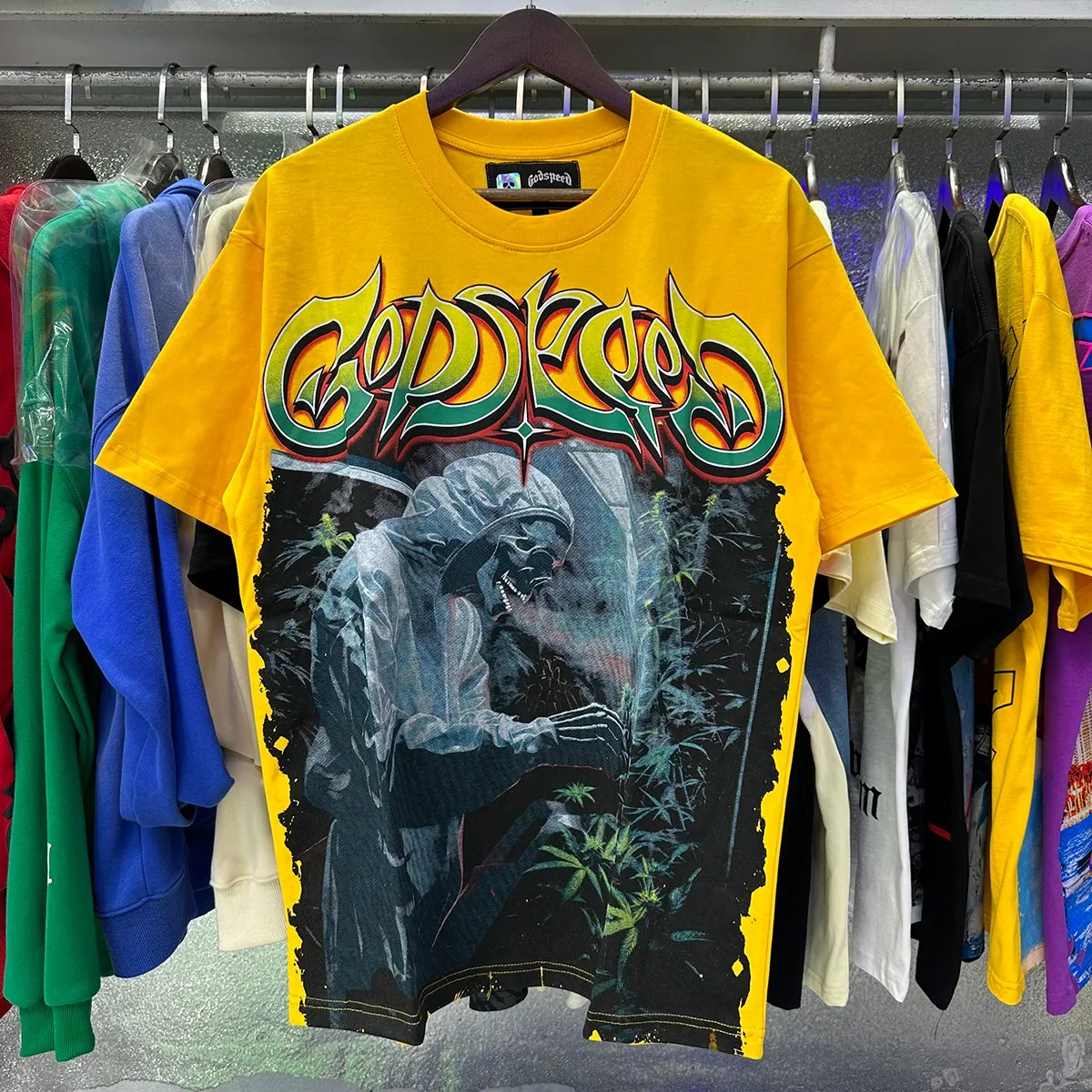 Actual photo, No. 7080, Mechao Godspeed biochemical skull poppy print high quality double yarn pure cotton casual short-sleeved T-shirt batch 106 Color: black, yellow, purple; Size: S M L XL