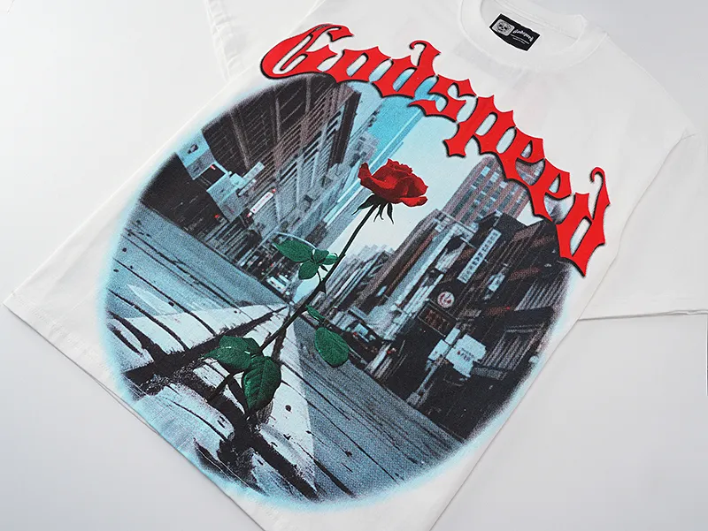 3051# P110 Real shot Godspeed American fashion rock street retro loose printed cotton short sleeves Fabric: 240g 32 count fine cotton double yarn pure cotton Color: off-white Size: S M L XL