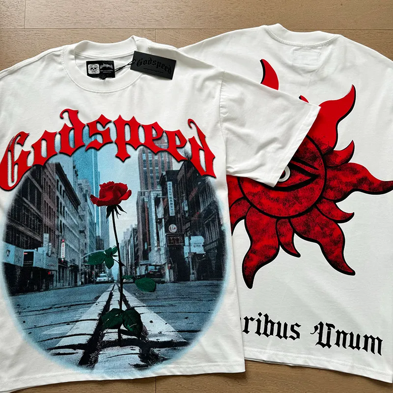 3051# P110 Real shot Godspeed American fashion rock street retro loose printed cotton short sleeves Fabric: 240g 32 count fine cotton double yarn pure cotton Color: off-white Size: S M L XL