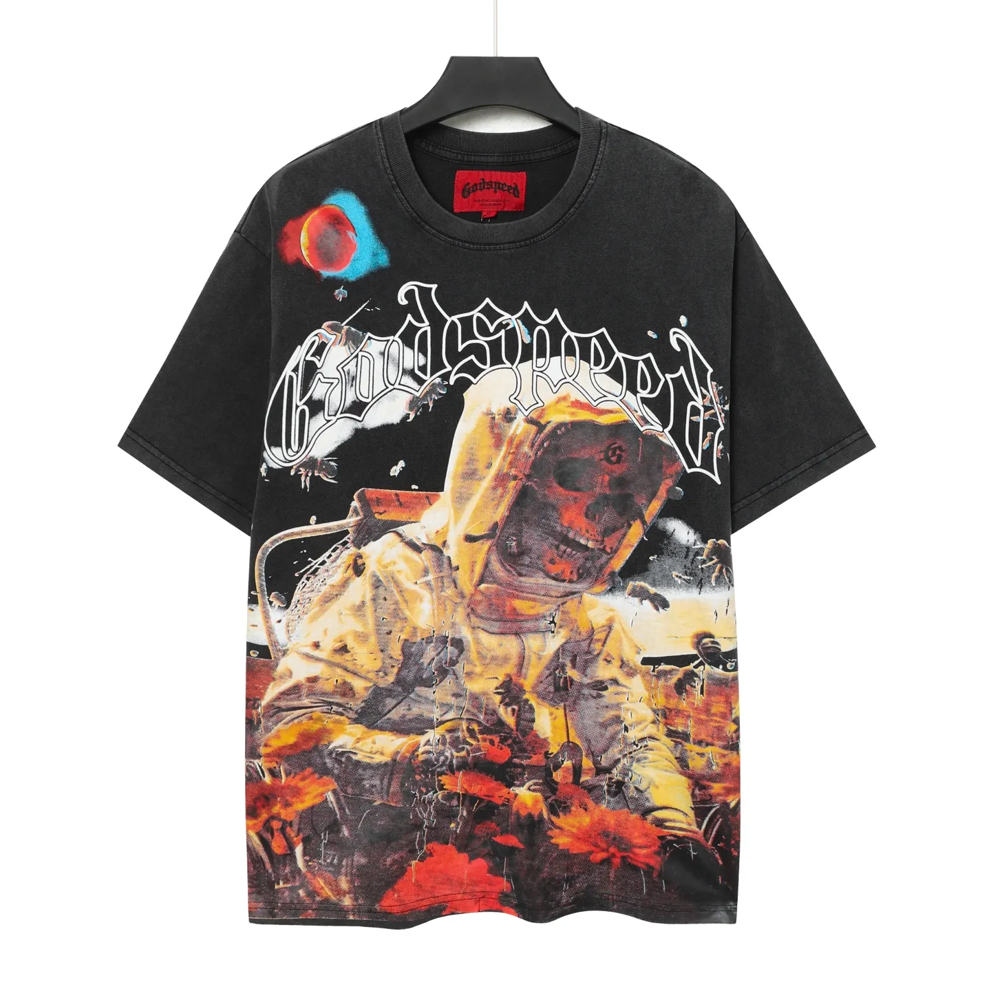 6070# washed black I P116 Godspeed cross-border American rock and roll street washed retro style short-sleeved T (craft printing) fabric (fabric): 32 count combed double yarn 250 grams weight code number (size): S-M-L-XL color (colour): washed black 👉