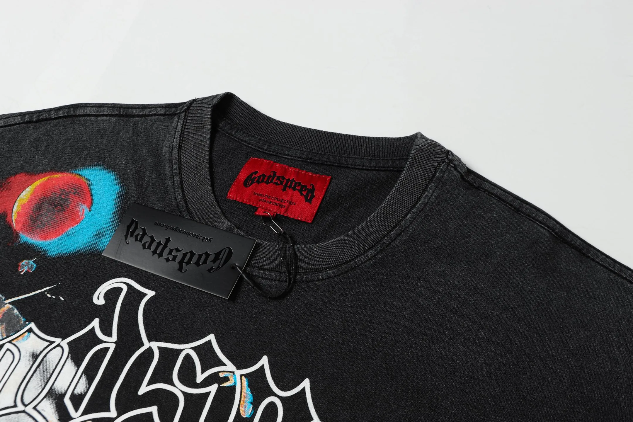 6070# washed black I P116 Godspeed cross-border American rock and roll street washed retro style short-sleeved T (craft printing) fabric (fabric): 32 count combed double yarn 250 grams weight code number (size): S-M-L-XL color (colour): washed black 👉