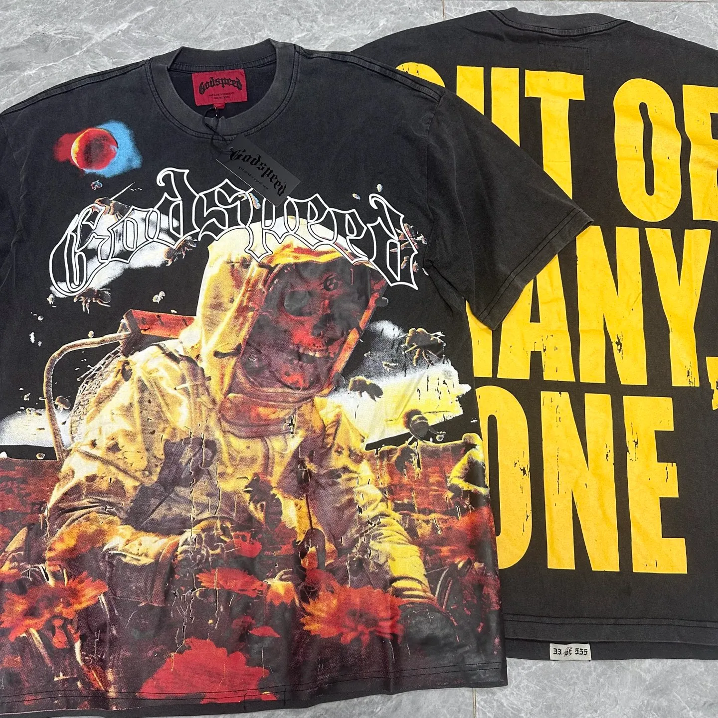 6070# washed black I P116 Godspeed cross-border American rock and roll street washed retro style short-sleeved T (craft printing) fabric (fabric): 32 count combed double yarn 250 grams weight code number (size): S-M-L-XL color (colour): washed black 👉