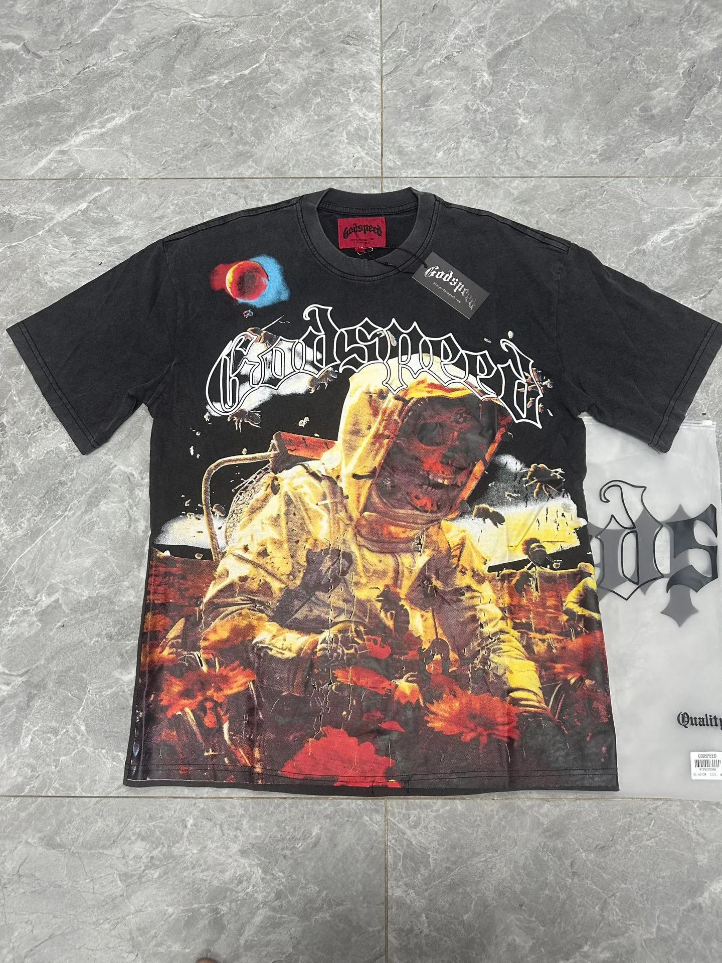 6070# washed black I P116 Godspeed cross-border American rock and roll street washed retro style short-sleeved T (craft printing) fabric (fabric): 32 count combed double yarn 250 grams weight code number (size): S-M-L-XL color (colour): washed black 👉