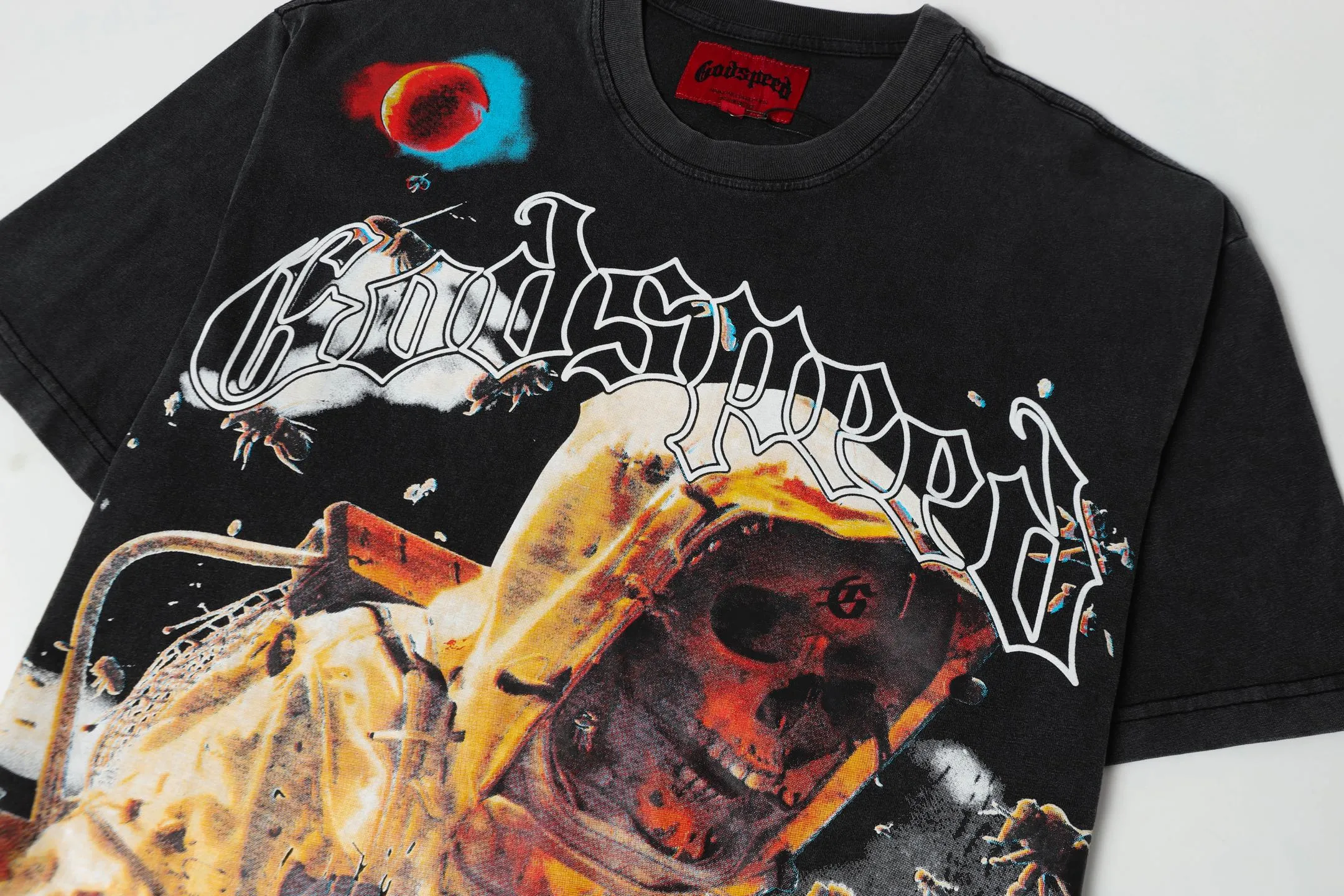6070# washed black I P116 Godspeed cross-border American rock and roll street washed retro style short-sleeved T (craft printing) fabric (fabric): 32 count combed double yarn 250 grams weight code number (size): S-M-L-XL color (colour): washed black 👉
