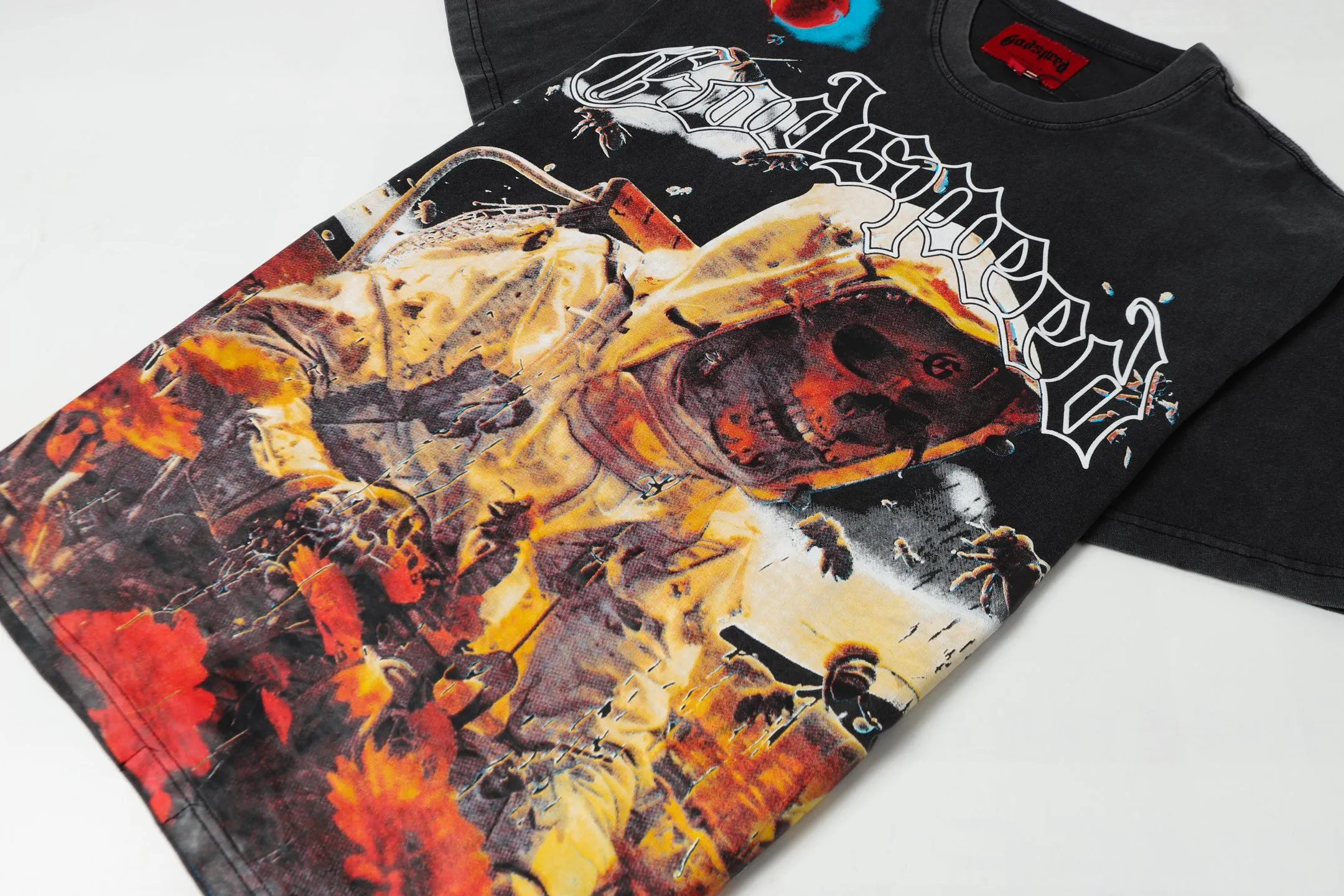 6070# washed black I P116 Godspeed cross-border American rock and roll street washed retro style short-sleeved T (craft printing) fabric (fabric): 32 count combed double yarn 250 grams weight code number (size): S-M-L-XL color (colour): washed black 👉
