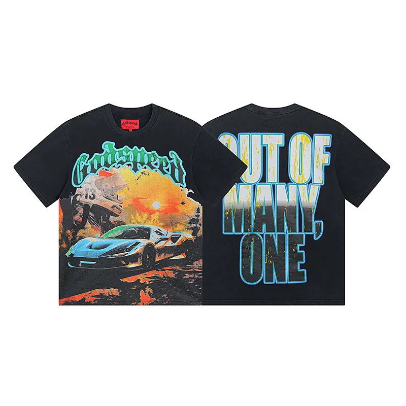 1002# P126 Washed Black Real Shot Godspeed American Fashion Rock Street Retro Washed Distressed Printed Pure Cotton Short Sleeves Fabric: 250g 32 Count Fine Cotton Double Yarn Pure Cotton Color: Washed Black Size: S M L XL