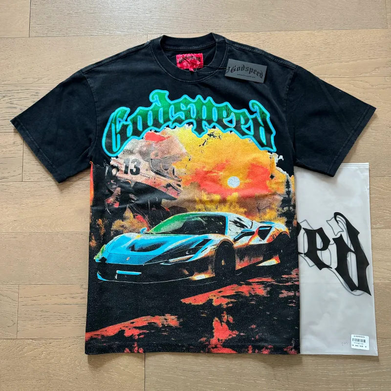 1002# P126 Washed Black Real Shot Godspeed American Fashion Rock Street Retro Washed Distressed Printed Pure Cotton Short Sleeves Fabric: 250g 32 Count Fine Cotton Double Yarn Pure Cotton Color: Washed Black Size: S M L XL