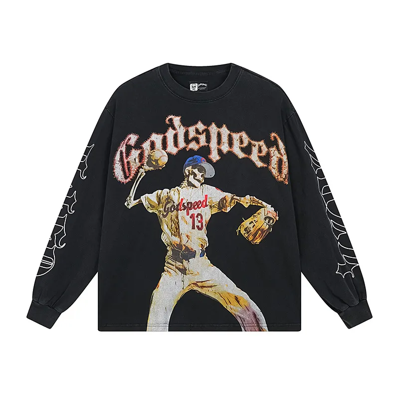 1158# P160 Washed Black Real Shot Godspeed Beauty Street Retro Washed and Distressed Pure Cotton Long T Fabric: 270g 32 Count Fine Cotton Double Yarn Pure Cotton Color: Washed Black Size: S M L XL