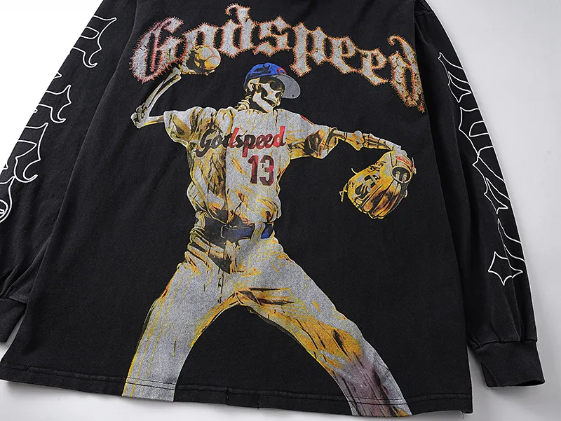 1158# P160 Washed Black Real Shot Godspeed Beauty Street Retro Washed and Distressed Pure Cotton Long T Fabric: 270g 32 Count Fine Cotton Double Yarn Pure Cotton Color: Washed Black Size: S M L XL